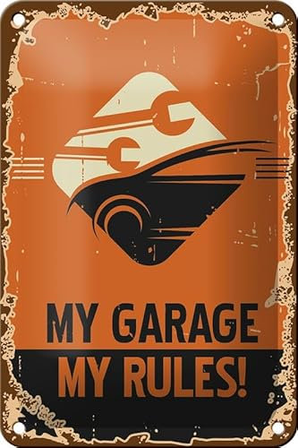 Blechschild 12x18cm gewölbt Auto my garage my rules Deko Geschenk Schild
