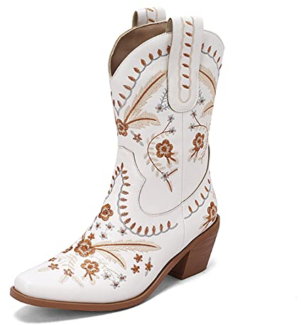 PAUVAODY Classico Stivali Cowboy per Donne Appuntito Stivali Cowgirl Tacco Basso Western Polacchine Pull on Country Western Scarpe White Size 33