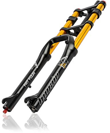 WAMBAS Fahrradfedergabeln 26 Zoll 4,0 Fat Bike Gabel Federweg 140 mm Doppelschulter Luftgabel Rückprall Einstellbar Gerade Downhill MTB Mini Fahrradgabeln Manuelle Sperrung (Farbe: Gold 26'')