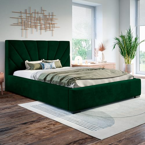 MOTIVENA Sisi Polsterbett 160x200 mit Bettkasten, Bett 160x200 mit Lattenrost, Bett 160x200 mit Stauraum, Stauraumbett 160x200, mit Kopfteil, ohne Matratze, Samt, Grün (Dunkelgrün)