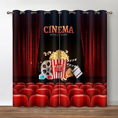 Jekeno Popcorn-Film-Schindel-Verdunkelungsvorhänge – Kino-Hintergrund, Druck, Privatsphäre, Dekoration, Schlafzimmer, Wohnung, Wohnzimmer, Verdunkelung, Ösen, Fensterbehandlungen, 2 Paneele, Rot, 132