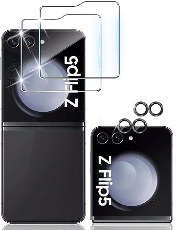 Dabuu 2 Piezas Protector de Pantalla para Samsung Galaxy Z Flip 5 5G y 2 Piezas Protector de Lente de Cámara, 9H Dureza, Anti-Arañazos, HD Vidrio Templado, Cristal Templado-Transparente