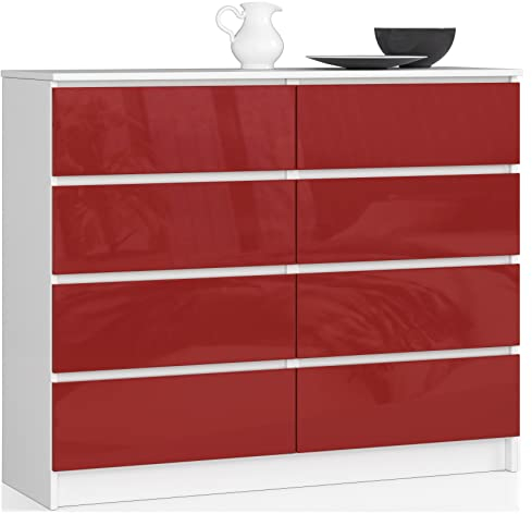 BDW Kommode Hochglanz mit 8 Schubladen für Schlafzimmer, Wohnzimmer, Büro - Modernes Design - Aufbewahrungsmöbel Viel Platz - 120 x 99 x 40 cm - Weiß-Rot