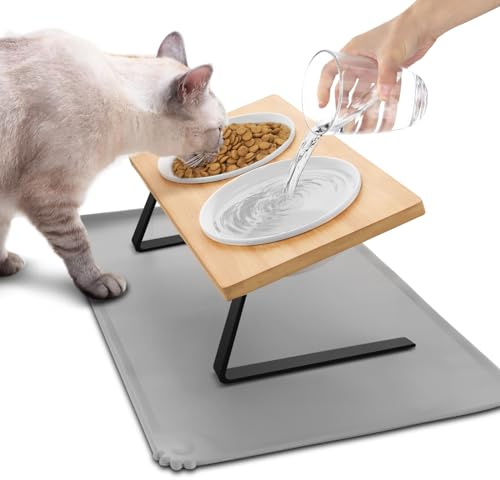 Lannvan Gamelle Chat Surélevée - Bol Ergonomique en Céramique avec Tapis Lavable pour Chat et Chien - 350ml par Bol
