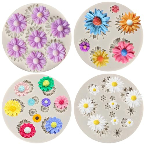 MYPRACS Set di 4 stampi in silicone a forma di fiore di crisantemo, margherite, decorazioni per torte, pasta di gomma, cupcake, caramelle, cioccolato, argilla polimerica