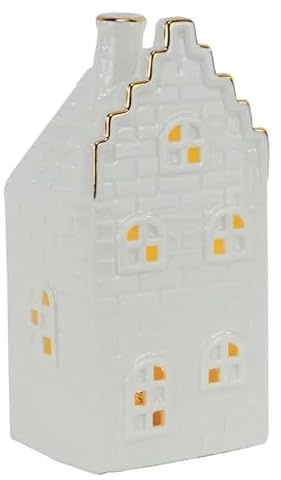 mucHome Haus mit LED aus Porzellan Gold/weiß Lichthaus glänzend (Satteldach 8,5x7x16,5cm)
