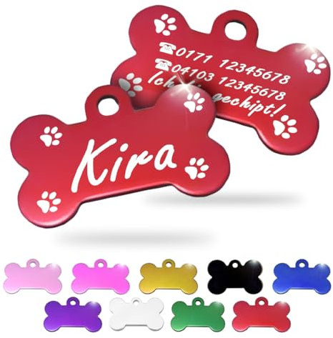 Ibera gifts - Hundemarke mit Gravur und personalisierte Hundemarke in Knochenform für kleine bis mittelgroße Hunde und Katzen (Rot, Pfoten)