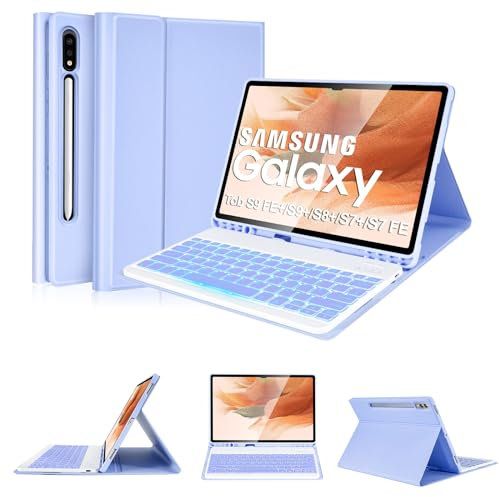 LAMA Backlit Keyboard Case for 12.4 Samsung Galaxy Tab S10+/S9 FE+/S9+/S8+/S7+/S7 FE, Slim Protective Cover Case with Keyboard for Galaxy Tab S7 FE/S9 FE+/S9 Plus/S8 Plus/S7 Plus, UK Layout, Purple