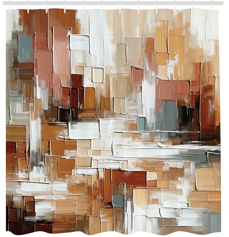 ABAKUHAUS Braun Duschvorhang, Abstrakte und Moderne Kunstpinselstriche in Nackt Warm Palette, Stoffliches Gewebe Badezimmerdekorationsset mit Haken, 175 x 180 cm, Zimt Amber Blaugrau