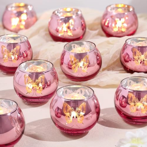 Lot de 12 bougeoirs votifs roses décoratifs en vrac avec motif papillon, bougeoirs pour mariage, anniversaire, fête et décorations de vacances