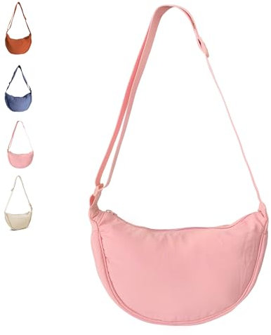 Hernin Nylon Halbmond Tasche, Nylon-Halbmondtasche für Frauen, Einfarbige Tragbare Halbmond Bag Umhängetasche, Damen Moon Bag Crossbody Schultertasche (rosa)