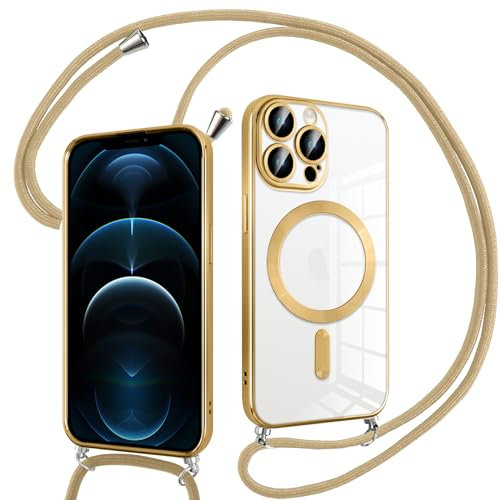 Pnakqil Magnetisch Hülle für iPhone 12 Pro Max mit Band, Kompatibel mit MagSafe, Handyhülle Durchsichtig Dünn Silikon mit Handyband Kordel, Aesthetic Durchsichtige Stoßfest Schutzhülle, Gold
