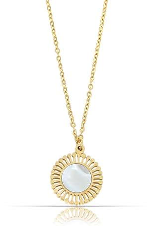 Made by Nami Edelstahl Halskette Damen Gold mit Sonnen Anhänger und Perlmutt Stein 40 + 5 cm Länge Wasserfester Schmuck Geschenk für Sie