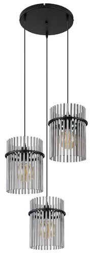 Hängeleuchte Pendellampe Esszimmerleuchte Wohnzimmerlampe Deckenleuchte, Metall Glasstäbe schwarz rauchfarben, 3x LED 9W 810Lm warmweiß, H 140 cm