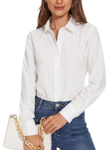 SPRING SEAON Womens Dress Shirts Long Sleeve Button Down Blouse Collared Regular Fit Wrinkle Free Office Work Casual Tops Ladies Work Shirt White