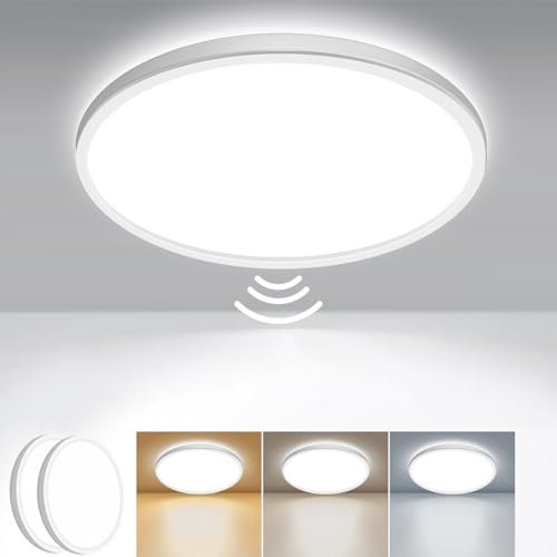 zemty 2 Pack Motion Sensor Light Indoor 3000K/4000K/6500K 15W 1500LM, Bathroom Ceiling Light Ø18CM Waterproof, Flush LED Shed Lights for Loft,Stair,Indoor,Garage Lighting