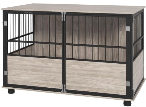 PawHut Hundekäfig für Zuhause Hundebox Große Hunde Walnuss 100x60x68 cm | Hundehütte, Rutschfest Haustierkäfig, Hundebox mit Türen, Hundehaus