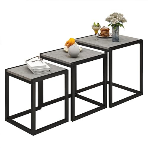 DUMEE Wooden Nesting Tables Set of 3 Coffee Table, Stacking Side End Tables for Living Room, Grey