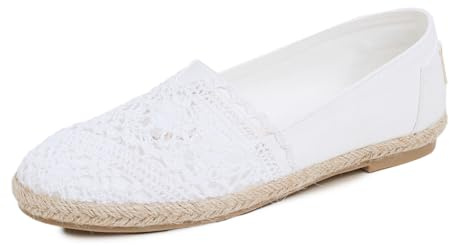 Feversole Women's Close Toe Espadrilles Women's Comfort Breathable Slip On Flats Shoes White Canvas with Knit Crochet Jute Size 5
