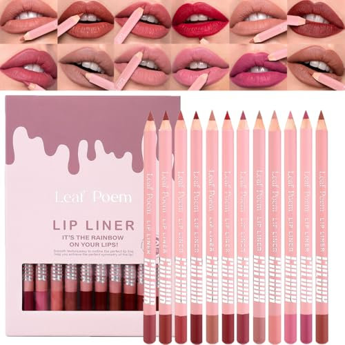 Pakivs Matte Pink Lip Liner Set,Professional Makeup Slim Lipstick Pen,12Pcs Long-Lasting Smooth and Smudge-proof Slim Lip Pencils for Women