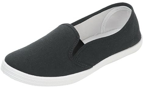 Women's Canvas Casual Shoes Flat Pumps Plimsolls Canvas Slip-On Sneakers Size 6 Black