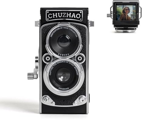 Chuzhao Mini Fotocamera Digitale Compatta Vintage con Impostazione di Data e Ora - Portatile Stile Retrò TLR, 1080P FHD Video 12MP Foto Autofocus Macchina Digitale Fotografica con Scheda da 16GB, Nero
