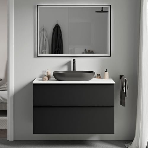BERNSTEIN - Waschbeckenunterschrank zum Aufhängen, MDF, schwarz, matt, Waschtisch, weiß, matt, Metallgriff, Anthrazit, matt, 80 x 46 x 62 cm – LAVOA