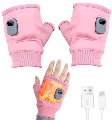 Electric Heated Gloves Rechargeable Heated Fingerless Gloves Half Fingers USB Heating Warm Glove Mittens Adjustable Heating Riding Gloves for Winter Cold Weather Thermal Fingerless Gloves Pink
