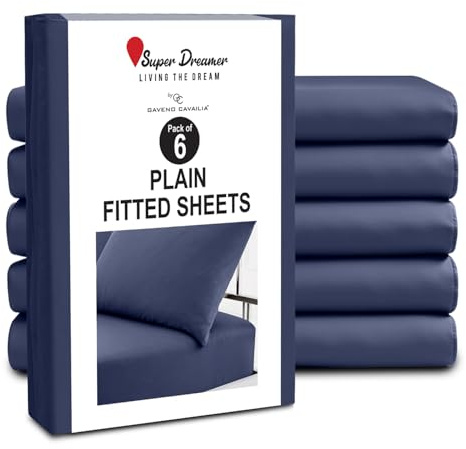 GC GAVENO CAVAILIA Fitted Sheet Double 6 Pack - Plain Dyed Microfiber Bedding Sheets - Fade, Wrinkle & Shrink Resistant Bottom Sheets - 25cm Deep Breathable Bed Sheet with Elasticated Corners - Navy