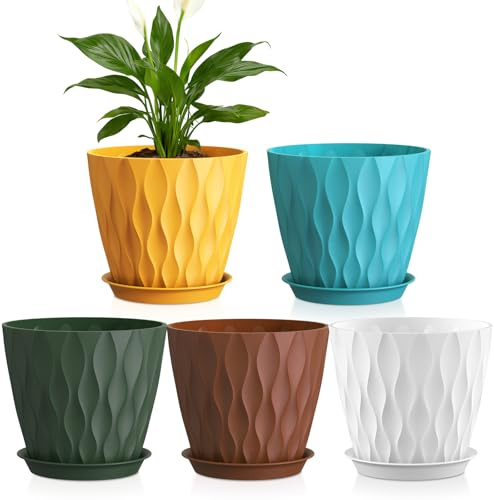 WSMKSZ 17.6cm Plant Pots Indoor Outdoor, 5 Pack Decorative Flower Pots | Medium Thick Plastic Planters with Saucers & Drainage Holes, 3D Modern Wave Texture, for Lavender & House Plants, Multicolor