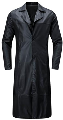 Caxndycing Langer Ledermantel Herren PU Leder Windjacke Knopfleiste Gothic Mantel Drap Kunstleder Jacke Long Cut Lederjacke Stehkragen Langarm Cardigan Vintage Trenchcoat Vampirjäger Halloween Kostüm