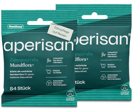 aperisan Zahnputztabs Mundflora+, Zahnputztabletten für unterwegs, 2x84 St | mit Fluorid, ideal auf Reisen, stärkt die Mundflora & den Zahnschmelz, schützt vor Karies, ohne scharfe Tenside, vegan