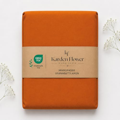 Karden Flower Mikrofaser Spannbettlaken 90x200 cm Orange – Bettlaken aus Mikrofaser – Öko-Tex zertifiziertes Spannbetttuch für Matratzenhöhe bis 30 cm Höhe