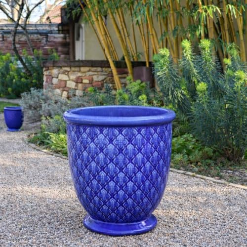 Pot de fleurs émaillé Indigo Provence 54 cm en bleu cobalt – Pot de fleurs en céramique fait à la main avec glaçage cuit et écoulement d'eau contre le gel pour olivier, terrasse et jardin