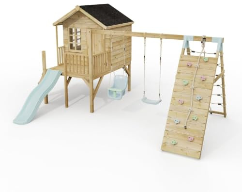 ClassicPlay Premium 5ft Playhouse on Deck with Double Swing, Slide and Climbing Wall Ice Blue