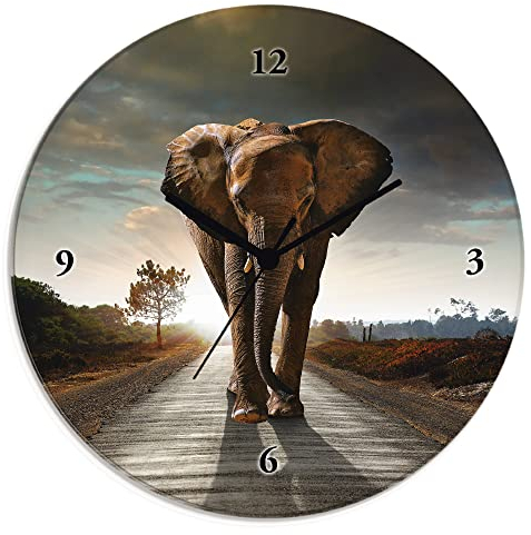 ARTLAND Wanddeko Wanduhr ohne Tickgeräusche Glas Quarzuhr Ø 30 cm Rund Lautlos Elefant auf Straße