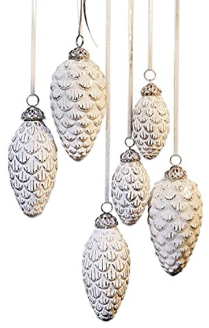 Loberon Weihnachtsschmuck 6er Set Éva, Tannenzapfen-Look, Bauernsilber & Feines Antik-Finish, Christbaumschmuck, Weihnachtsdeko, Weihnachten, Glas, Eisen, antikweiß
