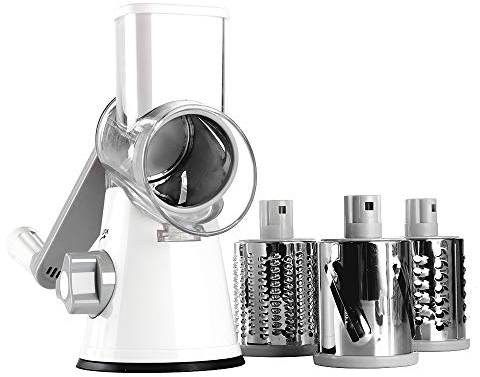 Ourokhome Cheese Grater Rotary Shredder, Kitchen Speed Mandolin Slicer Hand Crank Grinder with 3 Interchangeable Blades and Handle for Cheese, Vegetable, Walnut, Chocolate, Potato, Carrot, White