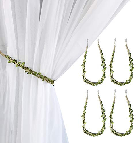 Valea Home Curtain Tiebacks Ropes Natural Burlap Rope Holdbacks with Artificial Vines Fake Foliage Ivy Leaf for Rustic Wedding Party Home Decorative Curtain Holders, Set of 4