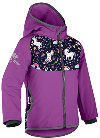 unuo Kinder Softshelljacke mit Fleecefutter und Kapuze, wasserabweisende und winddichte Outdoor Full-Zip Funktionsjacke, atmungsaktive Kinderjacke BASIC, Violett, Einhörner
