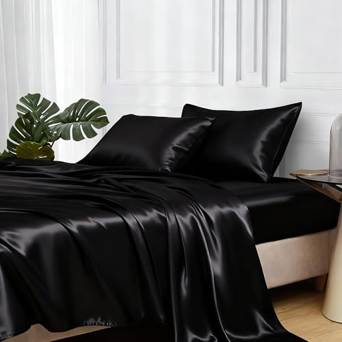 MR&HM Satin Bed Sheets, Queen Size Sheets Set, 4 Pcs Silky Bedding Set with Elastic Corner Straps and 15 Inches Deep Pocket for Mattress (Queen, Black)
