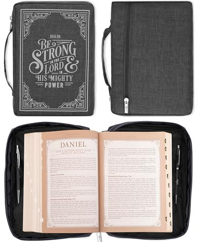Christian Art Gifts Bibelhülle für Herren/Damen, stark in The Lord Epheser 6:10, graue Leinwand, Größe M