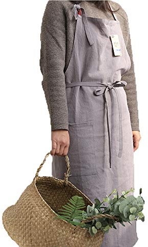 Uheim Hochwertige Schürze aus Leinen, Einheitsgröße, verstellbare Küchenschürze mit großer Tasche, 9 Farben für Damen und Herren, Kittel für Frauen, japanischer Koch-Stil, Schürze für Köche(Grau)