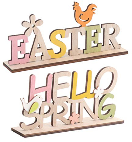 Amosfun 2St. Ostern Schriftzug Holz Easter Hello Spring Tischdeko Hasen Deko Aufsteller Objekt Dekofigur Osterschmuck Schlafzimmer Frühling Dekoration Osterdeko Kinder Party Geschenk