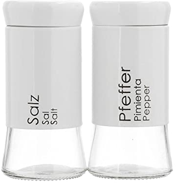 KHG Salz- & Pfeffer-Streuer Set je 100 ml, Salz & Pfeffer Streuer klein, Höhe 11cm & 5,5cm ∅, Weiß rund & mit Aufschrift, optional: mit Öl-Essig-Set als Menage