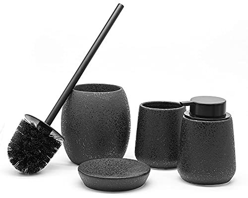Inbagno Set Accessori Bagno in Ceramica Nera Glitterata, con Dispenser Sapone, Portaspazzolini, Portasapone e Portascopino