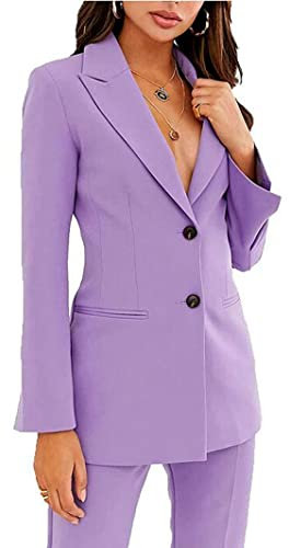 Tuta da lavoro da donna con due bottoni, vestibilità aderente, con risvolto, blazer e pantaloni, set da lavoro casual, Lilla, S