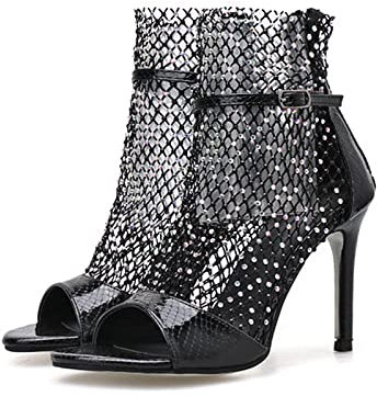 WOilERQ Stivali alla Moda da Donna con Strass A Rete con Tacco Alto Sandali Traforati con Bocca di Pesce Modello Moda Sandali Piatti A Spillo Discoteca Scarpe Moda Taglie Forti,Nero,39