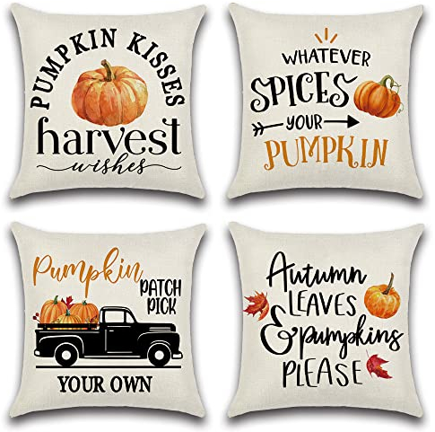 Artscope 4 Stück Kissenbezüge 45x45cm Herbst-Thema Kissenbezug Kürbis Ahornblatt LKW Dekokissen Kissenhülle Erntedankfest Wurfkissenbezug Couchkissen Fallkissen für Sofa Auto Schlafzimmer