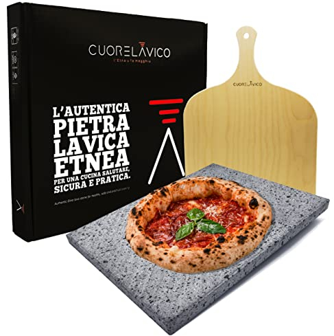 CUORE LAVICO - KIT PIASTRA REFRATTARIA IN PIETRA LAVICA ETNEA PER PIZZA 39X30X2 CM + PALA| FORNO A GAS, ELETTRICO E BARBECUE PER PANE E PINSA - MADE IN ITALY